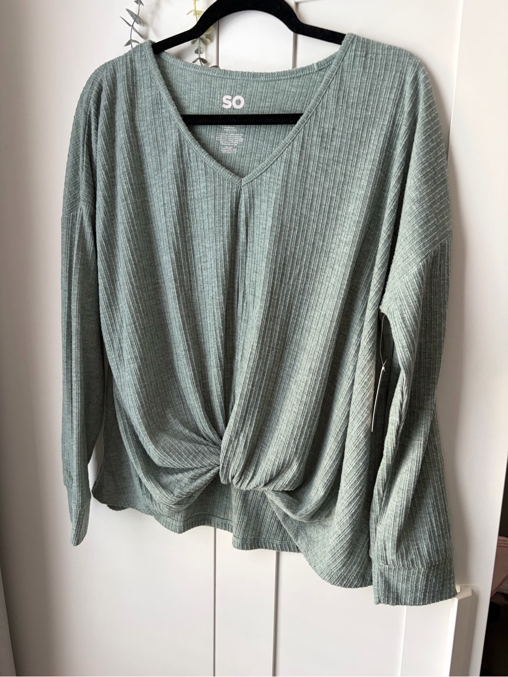 SO Sage Green Ribbed Twist-Front V-Neck Long Sleeve Top